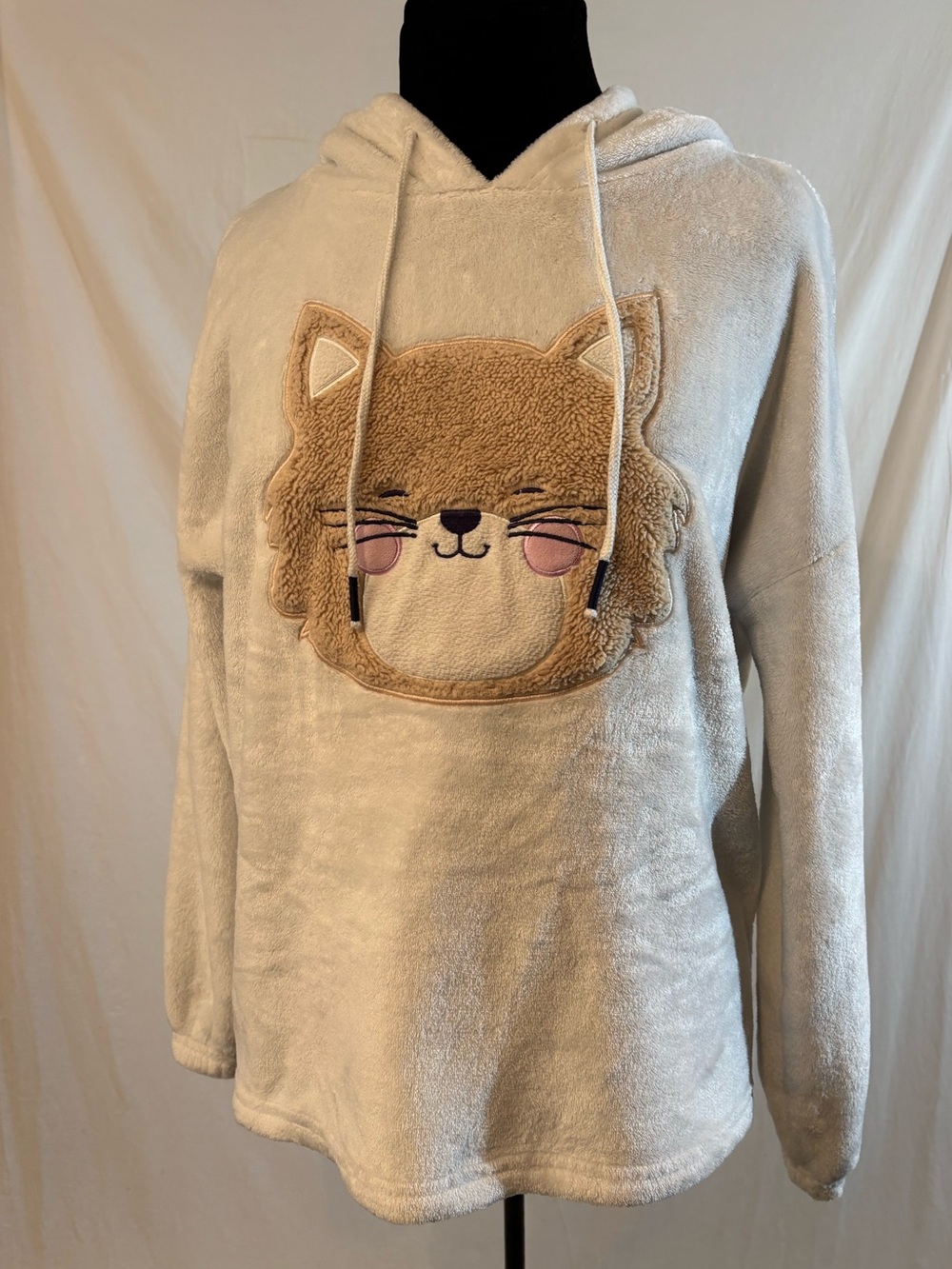 La Vie en Rose Plush Cat Hoodie Womens S Cream Kawaii Cozy Lounge Pullover